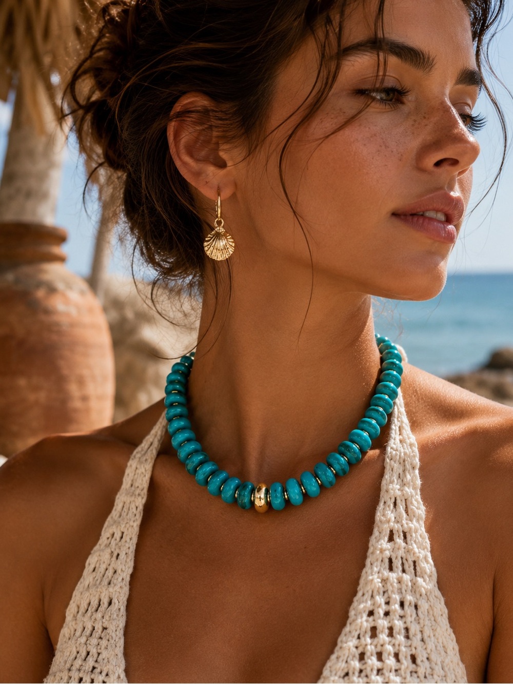 New! Coastal In The Sun Beaded Turquoise Gold Necklace NWOT